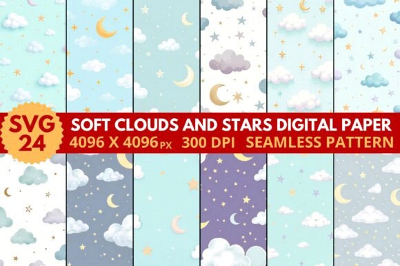 Download Soft Clouds and Stars Digital Paper - Premium Resources