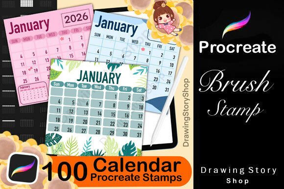 Download 100 Procreate Calendar Stamp Brush Set - Brush Collection